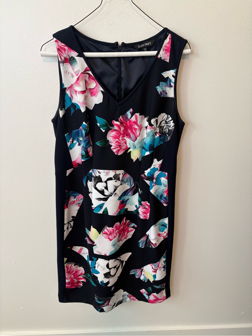 Ellen Tracy Navy Sheath Dress with Pink & Teal Floral Print